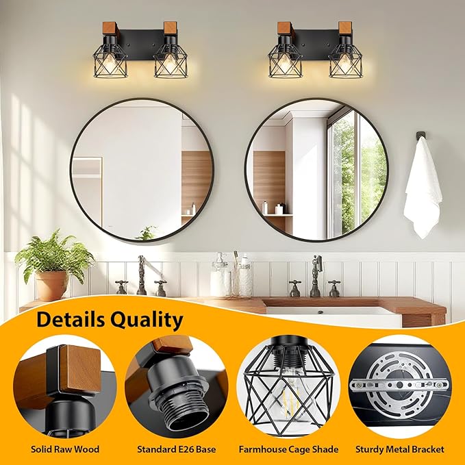 2-Light Farmhouse Bathroom Light Fixtures Over Mirror, Rustic Wood Vanity Lights for Bathroom, Vintage Black Sconces Wall Lighting with Metal Shade for Living Room, Cabinet, Hallway