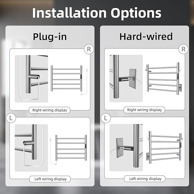 P&Dlusir Towel Warmer, Heated Towel Rack with Smart Timer and Thermo Control, Wall-Mounted Heated Towel Rail, Stainless Steel, Hard-Wired/Plug-in, Brushed, 5 bar