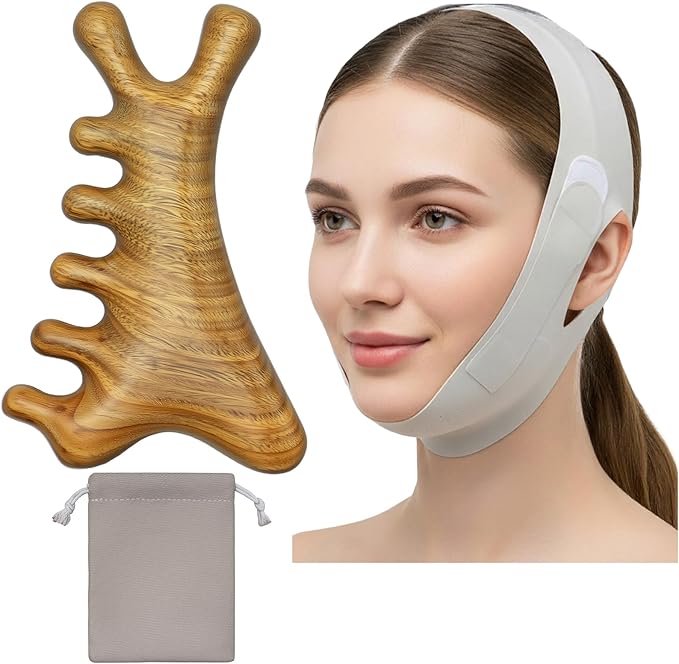 4 in 1 Gua Sha Tool for Face & V Line Lifting Mask, 2Pcs: Natural Green Sandalwood Massage Comb for Body Neck Eye & Green Chin Strap for Sleeping, Scalp Massage, Jaw Lifting, Skin Care Gift for Women