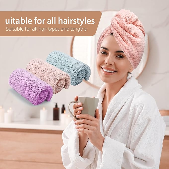 CZZXI 3 PCS Microfiber Hair Towel, Hair Wraps for Women Wet Hair, Fast Drying Hair Turban, Anti Frizz Head Towels Wrap for Curly Hair (Purple, Pink, Blue)