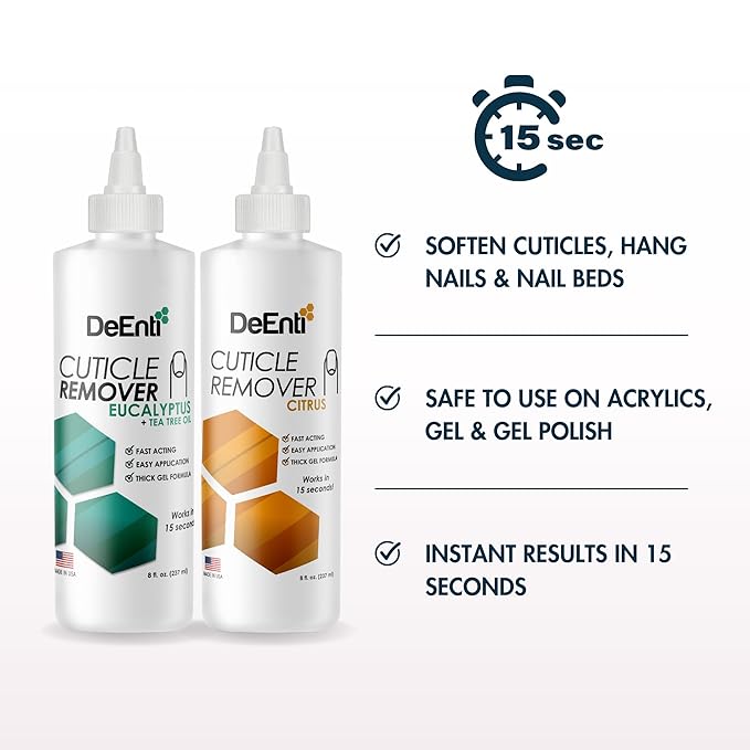 DeEnti Instant Cuticle Remover Gel, Professional Cuticle Softener with Instant 15-Second Removal, 8oz Bottle for Hand, Foot & Nail Care, Salon Quality Manicure & Pedicure Supplies