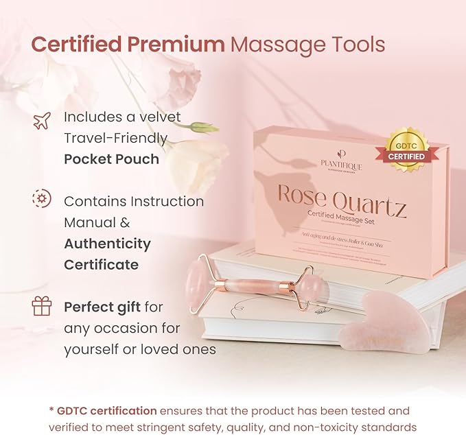PLANTIFIQUE Face Roller and Gua Sha Rose Quartz Certified | Gifts | Guasha Tool for Face | Jawline Shaper | Your Skin Care Routine