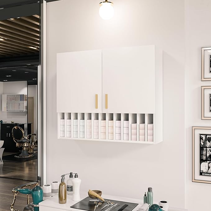 Salon Staion Hair Color Bar Organizers, Hair Color Rack, Barber Station Cabinet with Drawers & Adjustable Shelves, Wall Mounted Tube Storage Station for Salon Display, White