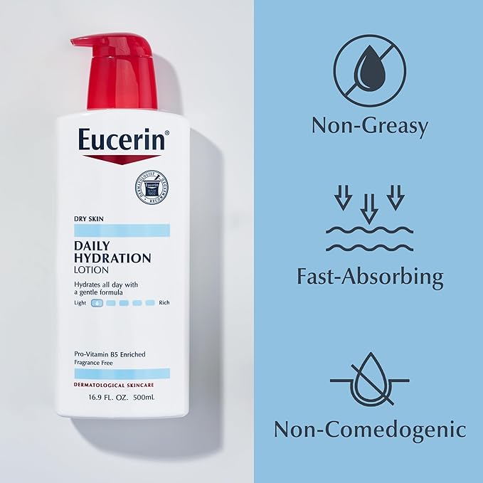Eucerin Daily Hydration Body Lotion for Dry Skin, Unscented Body Moisturizer, Mothers Day Gifts, 16.9 Fl Oz Bottle, Pack of 3
