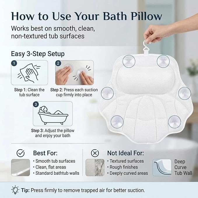 Bath Pillow for Tub, Bathtub Pillow for Head, Neck and Back Support, 4D Air Mesh Spa Bath Pillow with 6 Suction Cups, Machine Washable with Laundry Bag