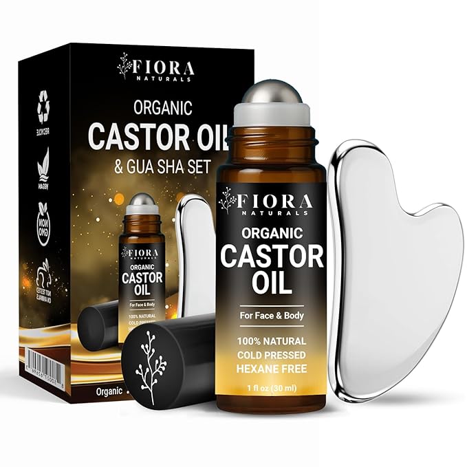 Organic Castor Oil Roll On & Stainless Steel Gua Sha Facial Tool – Metal Face Sculpting Tool, Cooling Gua Sha Oil Massage Set, Jawline Lift, Puffiness Care, Facial Oil Roller for Skin Routine