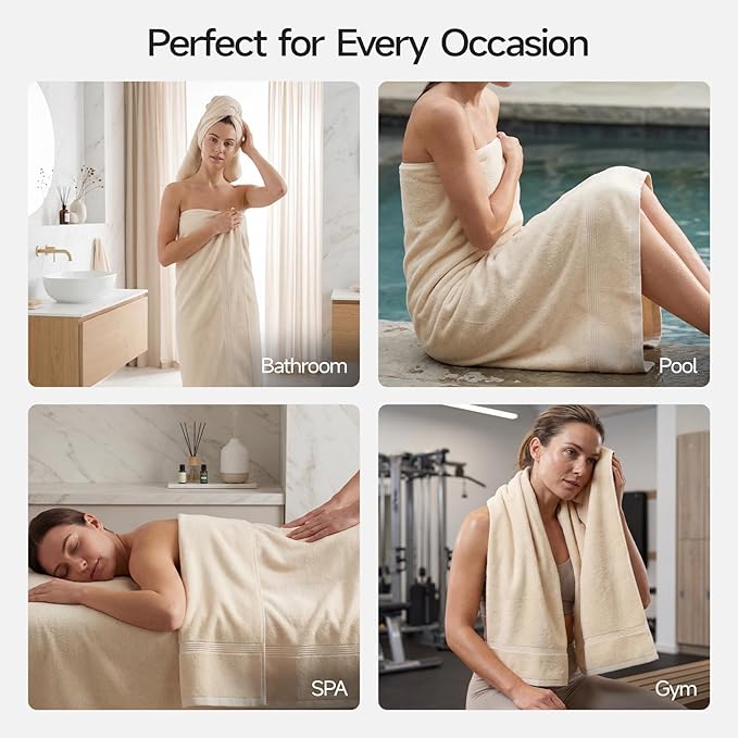 ecolook Bath Towels Set of 4,100% Cotton,27 x 55 Inches,Quick-Drying & Absorbent,Soft,Lightweight Towels for Bathroom,Shower,Spa, Gym & Hotel,Beige