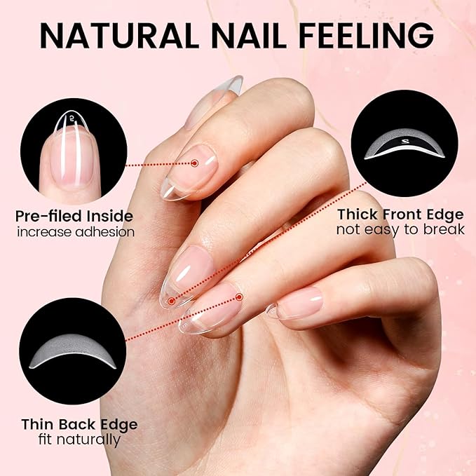 AILLSA Nail Extension Kit Short Almond Nail Tips 240pcs with 2 In 1 Nail Glue Base Coat and Nail Dehydrator, Gel Nail Tips Kit with Nail Lamp Top Coat for Starters Home Salon