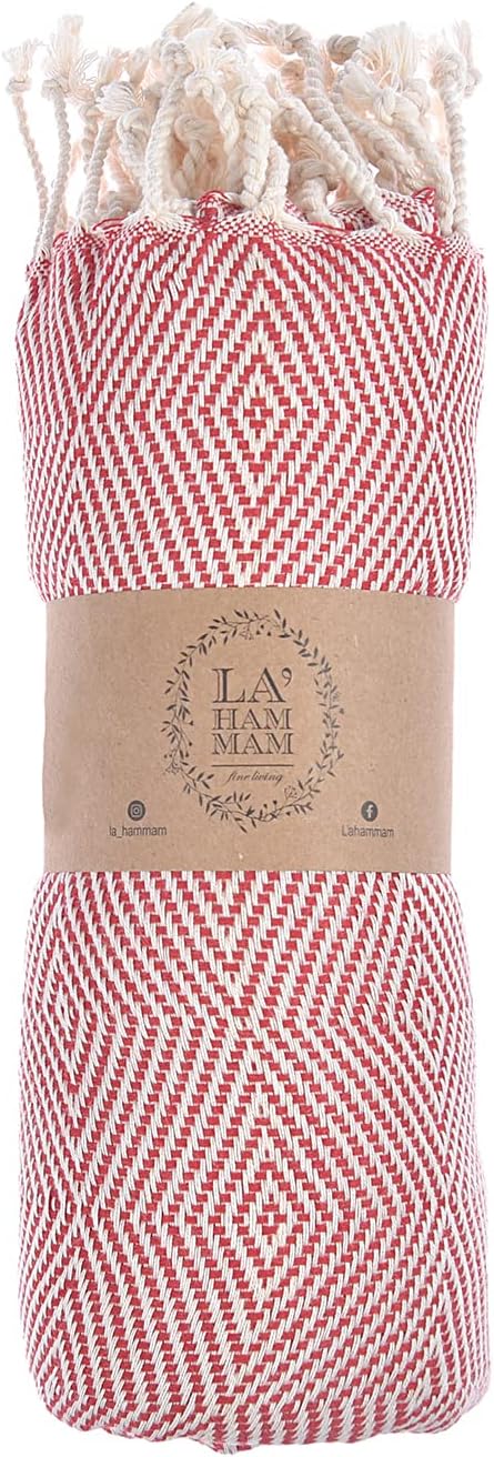 Personalized Embroidered Beach Towel | Throw Blanket, Easy Carry, Sand Free, Highly Absorbent, Quick Dry, Turkish Towels for Camping Bath Sauna Beach Gym Pool Yoga SPA by Lahammam, Mediterranean, Red