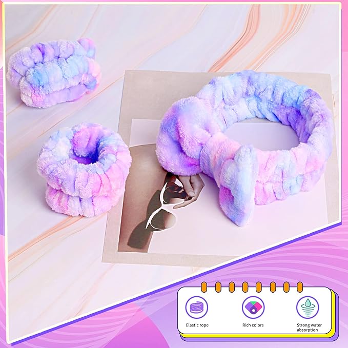WSYUB Spa Headband and Matching Wrist Bands for Washing Face, Fuzzy Skincare Bow Headbands, Soft Facial Makeup Head Bands, Shower Hair Sleepover Party Supplies,Easter Basket Stuffers