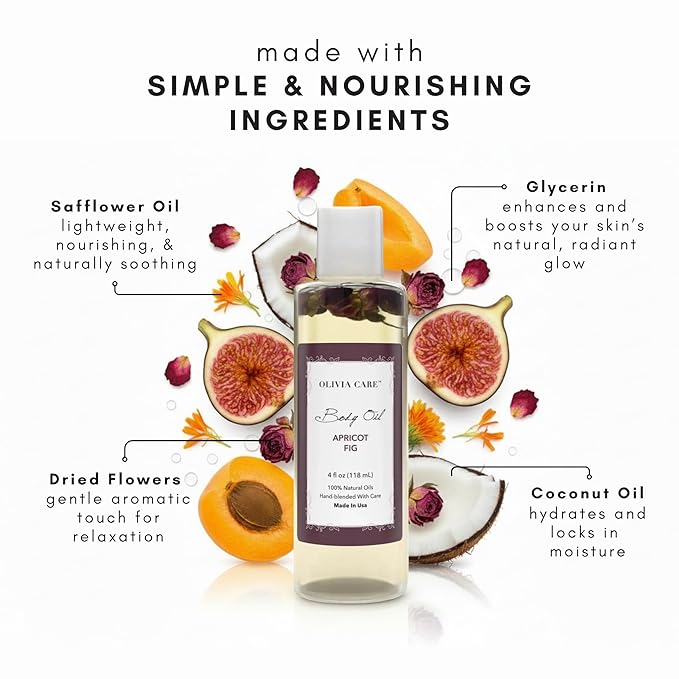 Olivia Care Body Oil Apricot Fig Vegan & Natural Moisturizing - Infused with VITAMIN E, K & Omega Fatty Acids - Refreshing Fragrance - Reduce Dry Skin, Anti-Aging Properties (Apricot Fig)