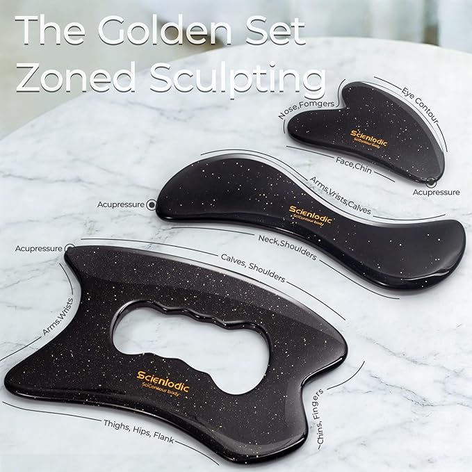 Scienlodic 3 Pcs Gua Sha Massage Tools for Face & Body (Black Gold, Resin) - Scraping Tools for Back, Legs & Muscle Relaxation, Guasha Facial Tool for Jawline Contouring & Puffiness Reduction