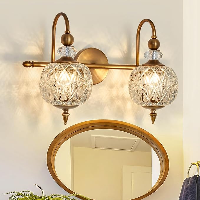 Piepooye Vintage Bathroom Light Fixtures Gold Vanity Light with Glass Globe LampShade 2 Lights Mid Century G9 Bulb Wall Sconce Indoor Vanity Light Over Mirror for Bedroom Farmhouse Hallway