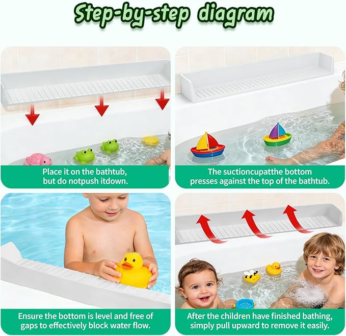 Bathtub splash guard for tub kids& Bath Shelf for Kids – Toddler Bath Tray, Bath Toys Storage & Ledge Organizer – Splash Guard for Bathtub with Suction Cups – Kids Bathroom Accessories(2.6FT, Grey)