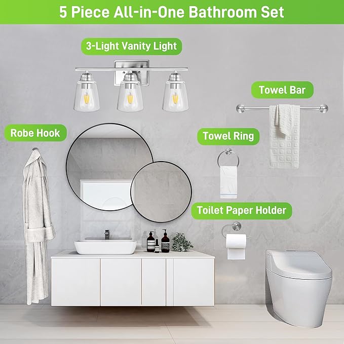 hykolity 3-Light Bathroom Vanity Light, 5-Piece All-in-One Bathroom Set, 20 Inch Modern Wall Lamp, Brushed Nickel Wall Sconce with Clear Glass Shade, Wall Lights for Bedroom, Living Room, Mirror