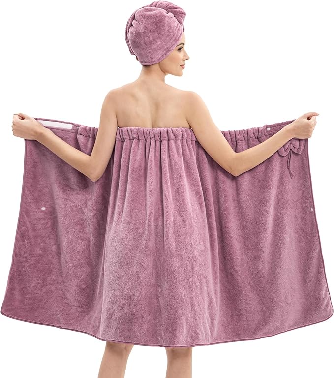 Bath Wrap Towels for Women – Adjustable Spa Shower Wrap with Super Absorbent Microfiber, Quick-Dry Body & Hair Towel Set for Home, Hotel, Beach, Pool, Gym, Travel – Purple