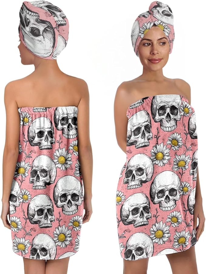 Bath Wrap Set with Hair Turban, Pink and White, Gothic Floral Pattern, Skull and Daisy Print