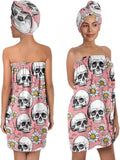 Bath Wrap Set with Hair Turban, Pink and White, Gothic Floral Pattern, Skull and Daisy Print