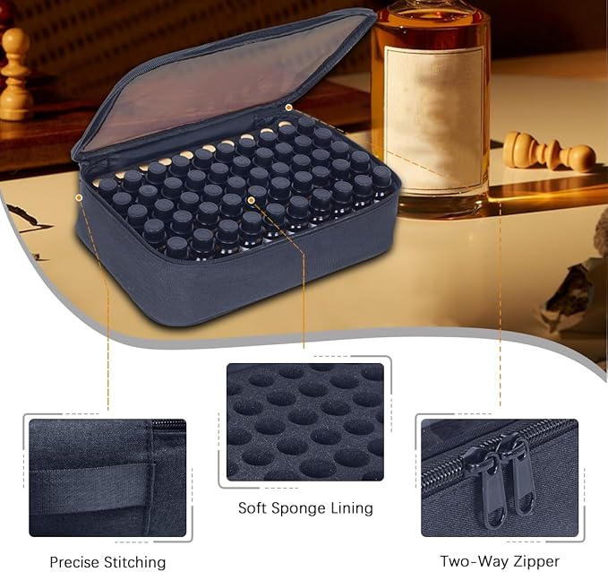 Essential Oils Carrying Case Holds 60 Grids for 1-3ML Roller Bottles 5ml, 10ml, 15ml Bottles Storage Organizer Bag Transparent, Essential Oil Bag with Detachable Sponge Pad Black