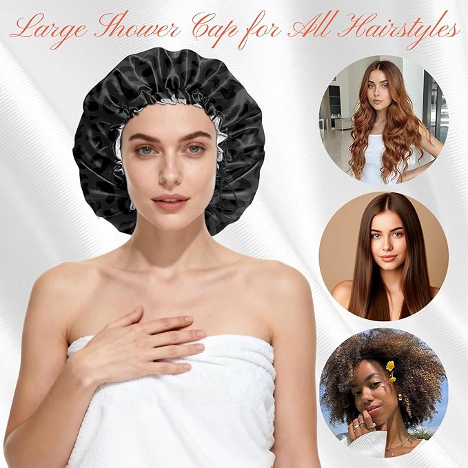Shower Cap Reusable Double Layer Adjustable Elastic Waterproof EVA Hair Bath Caps for Women Girls Cute Aesthetic-Black Leopard