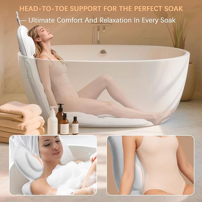 Ergonomic Full Body Bath Pillow for Bathtub, 5D Luxury Spa Cushion with 114 Non-Slip Suction Cups, Extra Long Thick Bath Pillow for Full Body Support, for Adult with Laundry Bag & Hook