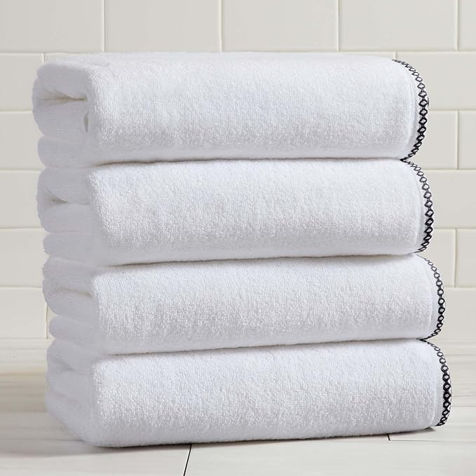 Great Bay Home Black/White Bath Towel Set - Ultra-Soft Cotton, Boho-Chic Border Design - 4 Bath Towels (54" x 30") - Absorbent, Quick-Dry, Lightweight Bathroom Towels