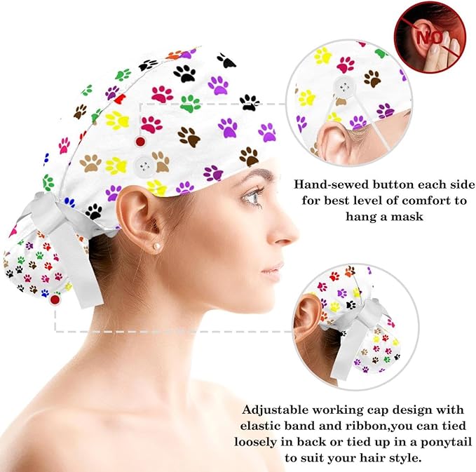 Ethnic Aztec Pattern Adjustable Scrub Cap Hat with Button, Working Hat Sweatband with Bow Hair Scrunchy for Woman