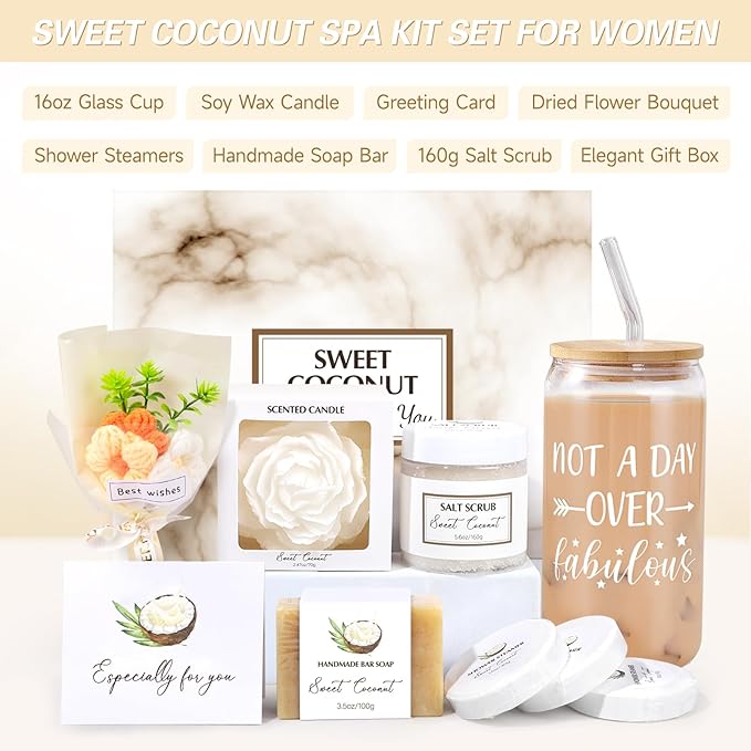 Mothers Day Gifts for Mom, Spa Gift Baskets for Women, Sweet Coconut Birthday Gifts Baskets for Women, Spa Kit Box, Bath and Body Relaxing Gift Set for Mother Wife Sister Friends with Glass Cup