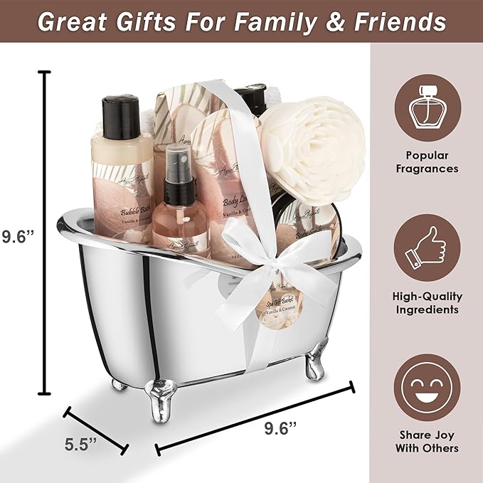 Aqua Elegante Spa Gift Basket - Luxury Bath Set with Body Wash, Bubble Bath, Lotion, Salts, Scrub, Spray, Shower Puff, Towel, Gifts for Women, Mom, Wife, Her - Coconut & Vanilla