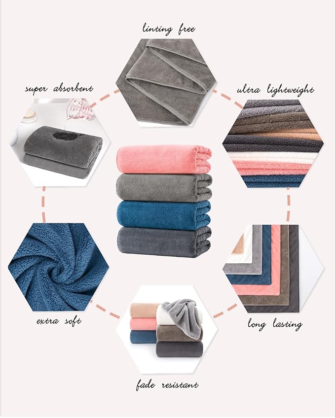 Lumimi 4 Pack Microfiber Bath Towel Set,Ultra Absorbent Quick Dry 29" L x 13" W, Lightweight & Durable for Gym/Spa/Travel/Home, Supple Skin-Friendly Fabric in Multicolor(Ideal Gift)