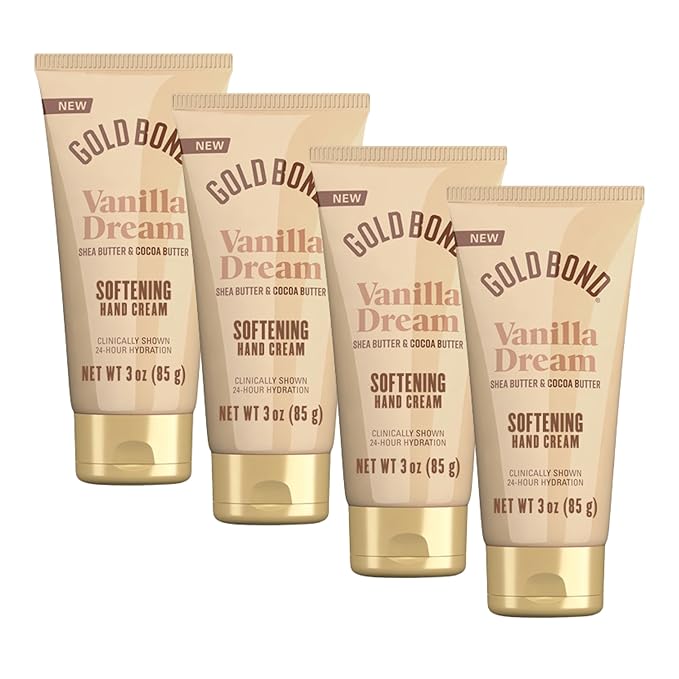 Gold Bond Vanilla Dream Softening Hand Cream Set, Luxurious Everyday Hand Cream with Shea Butter to Help Boost Skin Moisture and Cocoa Butter to Help Soften Skin, Warm Vanilla Dream Scent, 3 oz, 4 pk