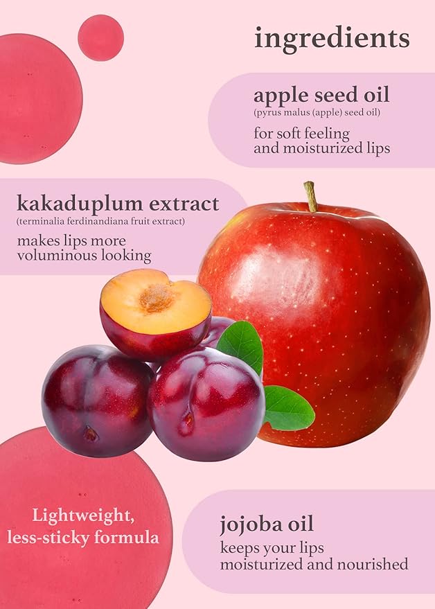 NOONI Vegan Appleseed Lip Oil Set - Appleberry & Applecherry & Appleplum | Long-Lasting, Moisturizing, Plumping, Revitalizing for Dry Lips, Waterproof, No Peel Off, 0.12 FL Oz x 3ea