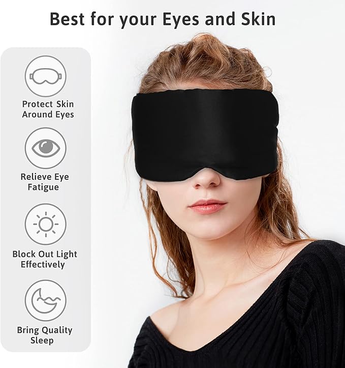 Silk Sleep Mask for Women Men, Mulberry Silk Eye Sleeping Mask & Blindfold with Adjustable Strap, Blackout Eye Cover for Sleep Travel Yoga Nap, Large Size, Black