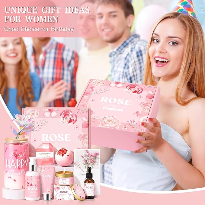 Mothers Day Gifts for Mom, Birthday Gifts for Women, Rose Relaxing Spa Gift Basket for Women Friendship, Self Care Package Get Well Soon Thank You Gift Box for Her Sister Wife Best Friends Bestie