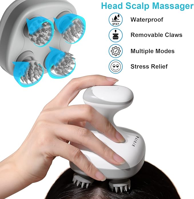 VIVIYA Electric Scalp Massager, Portable Rechargeable Head Massager with 8 Removable Massage Claws, Waterproof Handheld Hair Scalp Scratcher for Full-Body Massage and Stress Relax