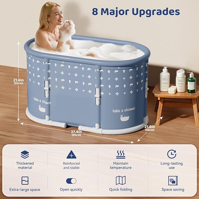 Portable Bathtub, Foldable Bathtub No Installation, Freestanding Shower Bathtubs with Cushion, Collapsible SPA Soaking Bath Tub, Hot & Ice Bath Tub for Indoor Outdoor (Water Pattern Blue)