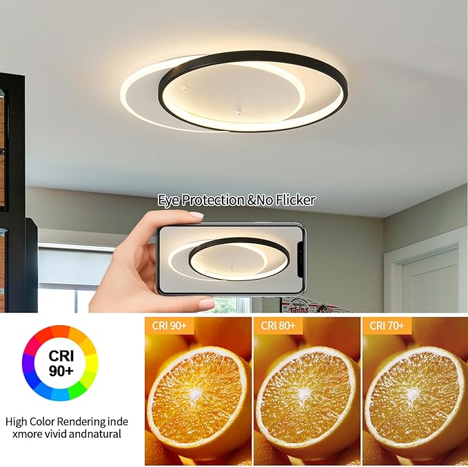 Shine LUEST Modern LED Ceiling Light Fixture Black Semi Flush Mount Light with Remote Control 19.69" Hallway Light Fixtures Ceilings Mount Dimmable Ceiling Lamp for Bedroom,Kitchen,Entryway