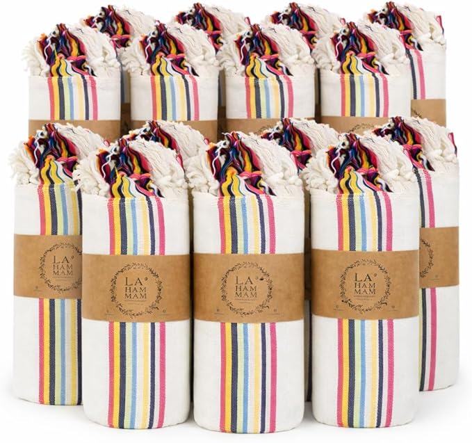 Morrocan Beach Towel | Cotton Blanket Throw, Easy to Carry, Sand Free, Absorbent, Quick Dry, Turkish Towels for Travel Camping Bath Sauna Beach Gym Fitness Pool Yoga SPA by Lahammam, Carnaval 12 PACK