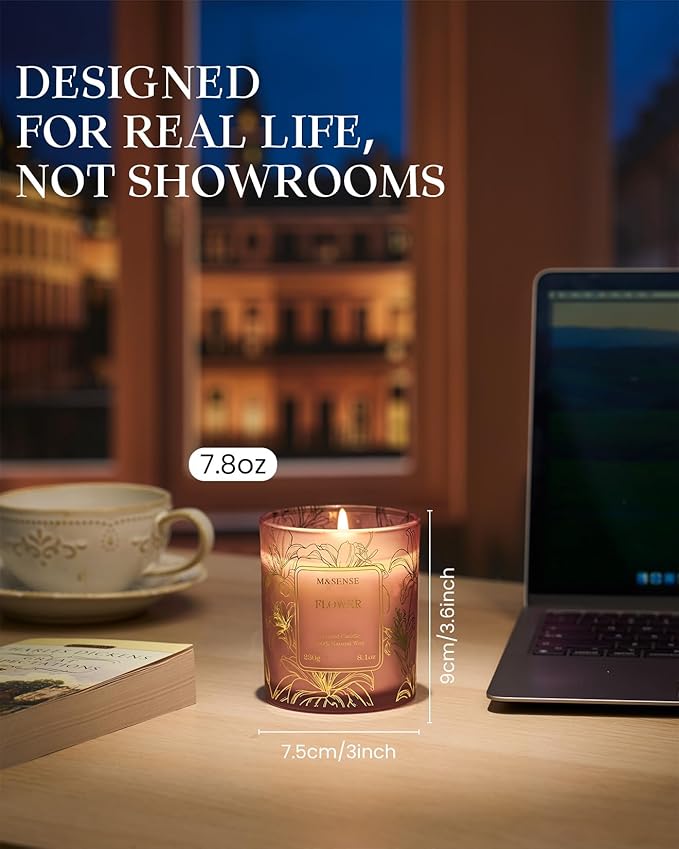 M&SENSE Floral Natural Soy Scented Candle, 7.8oz 42H Non-Toxic Aromatherapy Candle for Stress Relief, Romantic Perfect for Moms
