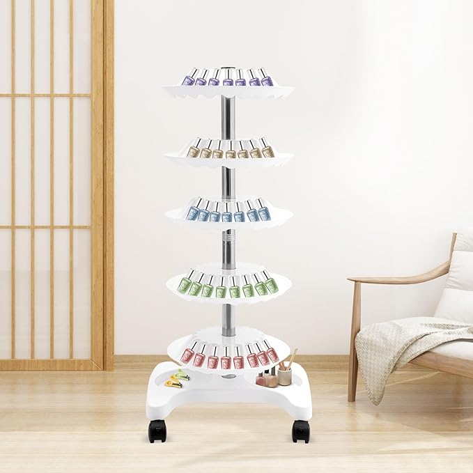 Nail Polish Trolley Organizer, 5 Tiers 360° Rotating Tray Nail Polish Spinning Rack Display Stand with Wheels, Display Rolling Cart for Spa Home Use