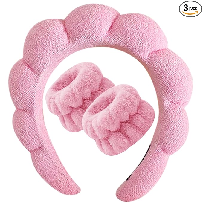 Beleki Spa Headband for Washing Face, Pink Sponge Face Wash Headband and Wristband Set for Makeup Skincare Headbands Puffy Non Slip Headwear Hair Accessories for Women Girls