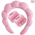 Beleki Spa Headband for Washing Face, Pink Sponge Face Wash Headband and Wristband Set for Makeup Skincare Headbands Puffy Non Slip Headwear Hair Accessories for Women Girls