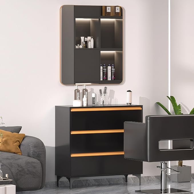 OmySalon Salon Station for Hair Stylists, Barber Free Standing Styling Cabinet with 3 Drawers, Square Mirror & Hair Dryer Holders, Modern Black Gold Beauty Dresser for Salon, Spa, Home