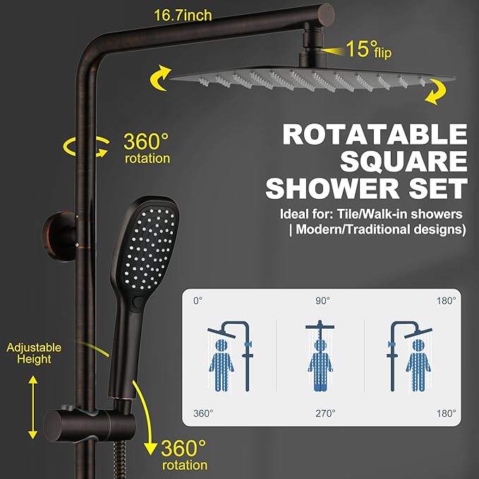 SonTiy Rain Shower Head System with Handheld Spray, 360° Adjustable Shower Arm Exposed Showerhead Kit with Caddy for Whole Family, Brushed Gold, Oil Rubbed Bronze