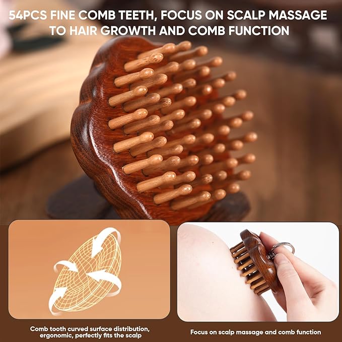 Wooden Massage Massager for Hair Growth,Head Scalp Comb,Manual Body Relax Massage Tool,Hair Brush Massager,Flower Design with Ring (54PCS Thin Tooth)