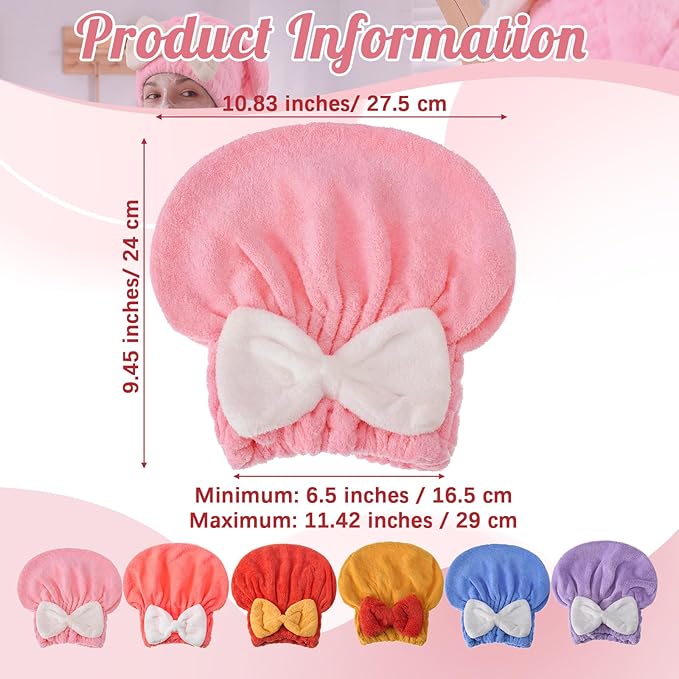 18 Pcs Hair Drying Caps with Cute Bow Fast Drying Soft and Absorbent Wet Hair Towel Wrap Turban Wraps for Girls and Women