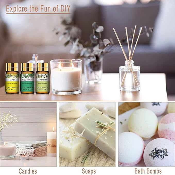 PHATOIL Essential Oil Set, 12x5ml Essential Oils Gift Set with Diffused Wood, 100% Natural Pure Essential Oils for Diffusers DIY Candle Soap Making