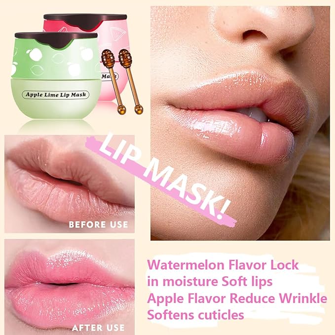 4 PCS Apple Lime Lip Mask, Vitamin E Strawberry & Watermelon & Honey Lip Sleeping Mask Propolis Moisturizing Lip Balm with Stick, Repairs And Prevents Chapped Lips (Apple Lime & Watermelon)