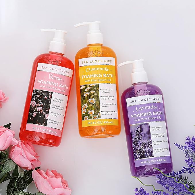 Spa Luxetique Bubble Bath, Foaming Bath with Epsom Salt, Chamomile Rose and Lavender Scent Bathing Set, 3 Pack 49.8 fl oz Mothers Day Gifts Set for Women and Men