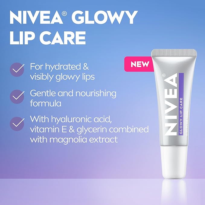 NIVEA Glowy Lips, Vegan Lip Balm with Hyaluronic Acid, Vitamin E, and Magnolia Extract, Moisturizing Lip Balm Instantly Boosts Natural Lip Glow, 0.35 Fl Oz Tube (Pack of 2)